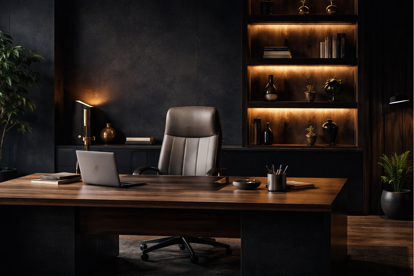 Modern office desk with laptop, chair, and decorative items in a darkly lit room.